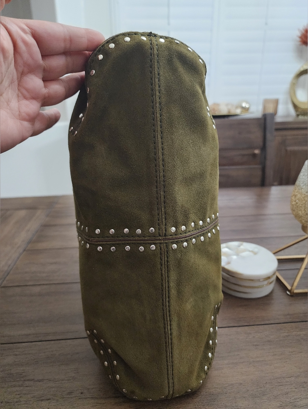 Michael Kors Olive Green Suede Silver Studded Handbag Astor Collection - Picture 7 of 13